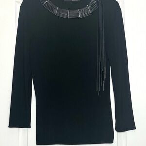 VTG Forwear New York Slinky Black Stretch Long Sleeve Top Size L Leather Fringe